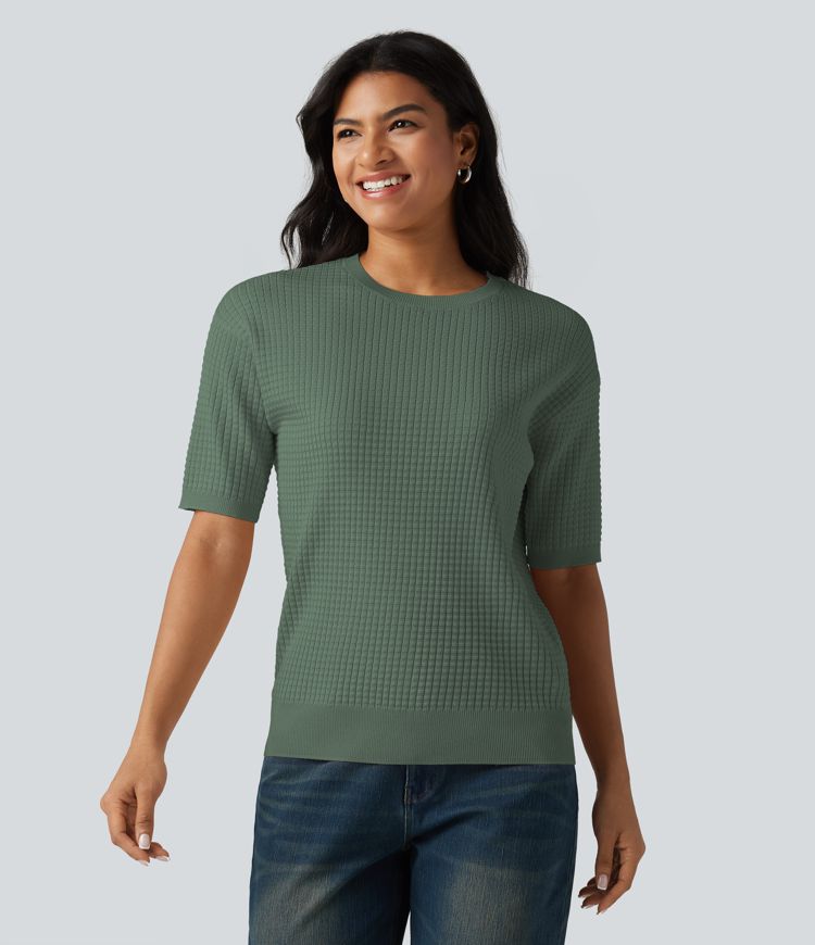 Round Neck Short Sleeve Waffle Casual Sweater