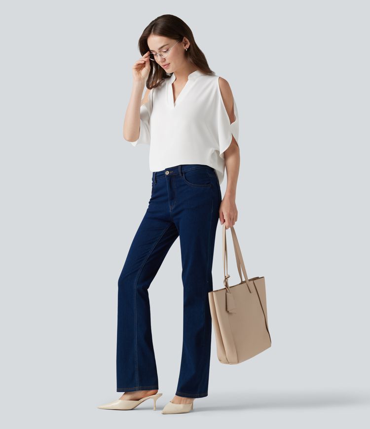 V Neck Short Sleeve Cut Out Work Blouse