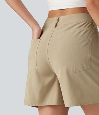 High Waisted Crossover Casual Stretch Linen Shorts 5'' with Pockets