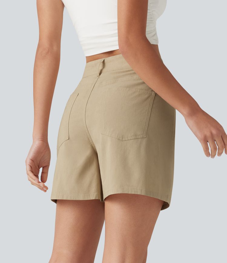 High Waisted Crossover Casual Stretch Linen Shorts 5'' with Pockets