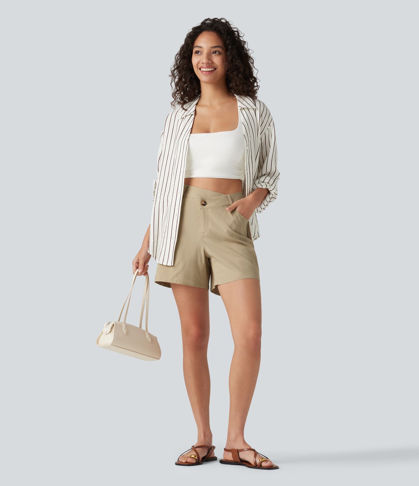 High Waisted Crossover Casual Stretch Linen Shorts 5'' with Pockets