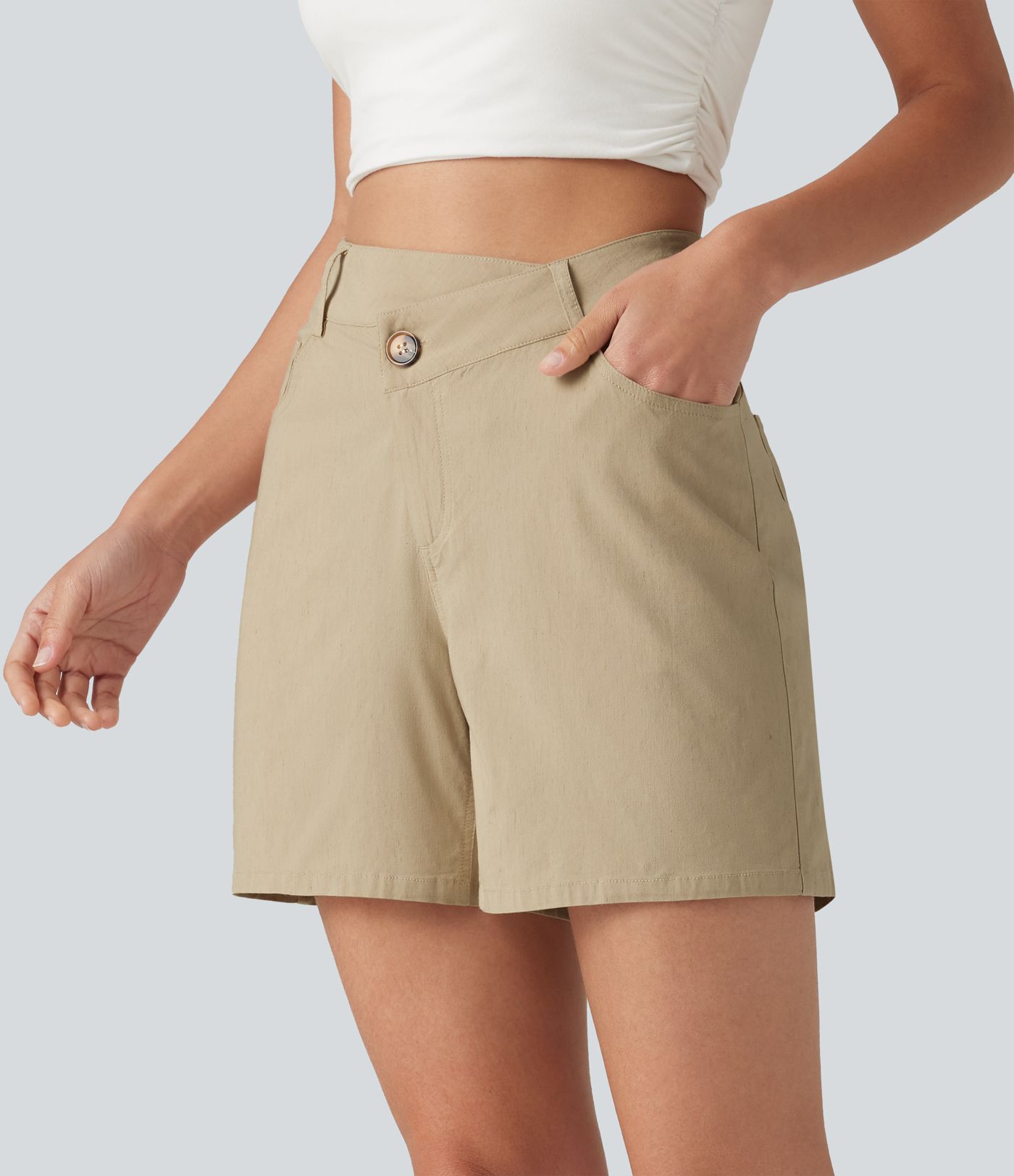 High Waisted Crossover Casual Stretch Linen Shorts 5'' with Pockets