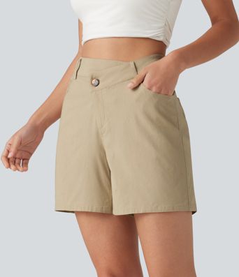 High Waisted Crossover Casual Stretch Linen Shorts 5'' with Pockets