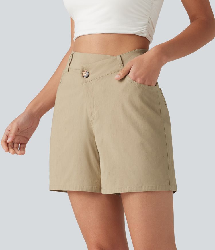 High Waisted Crossover Casual Stretch Linen Shorts 5'' with Pockets