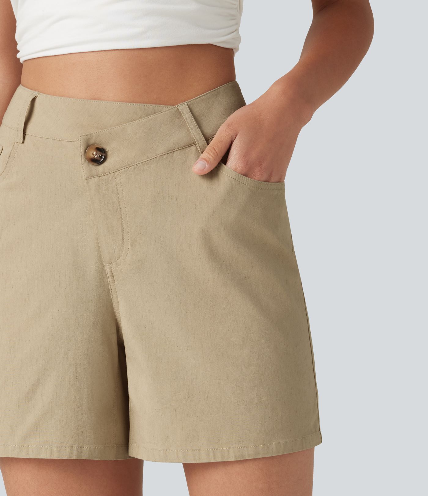 High Waisted Crossover Casual Stretch Linen Shorts 5'' with Pockets