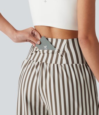 High Waisted 2-in-1 Stripes Yoga Baggy Shorts 7'' with Pockets