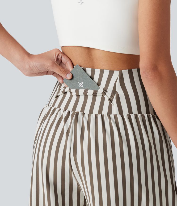 High Waisted 2-in-1 Stripes Yoga Baggy Shorts 7'' with Pockets