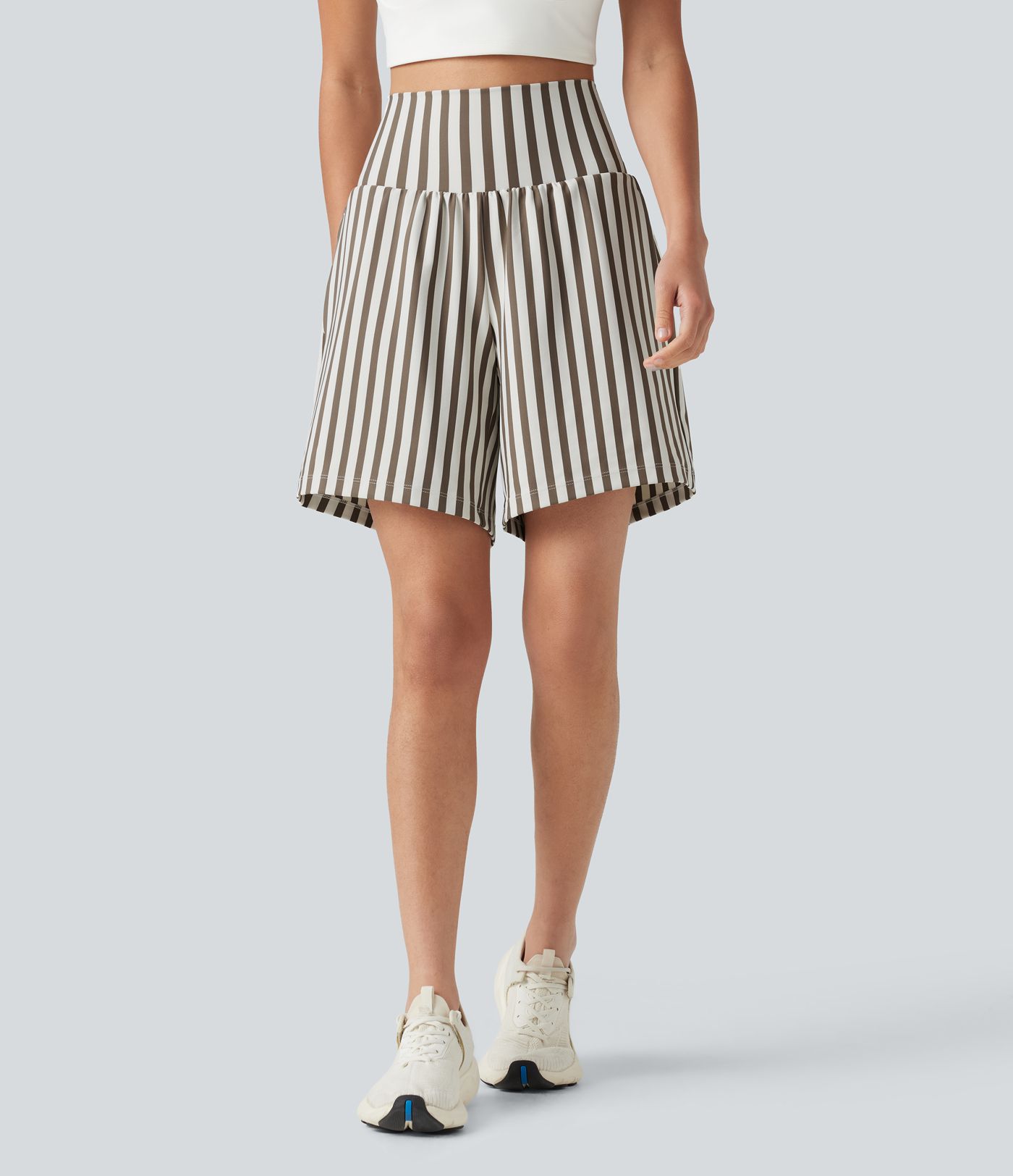 High Waisted 2-in-1 Stripes Yoga Baggy Shorts 7'' with Pockets