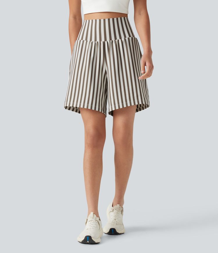 High Waisted 2-in-1 Stripes Yoga Baggy Shorts 7'' with Pockets
