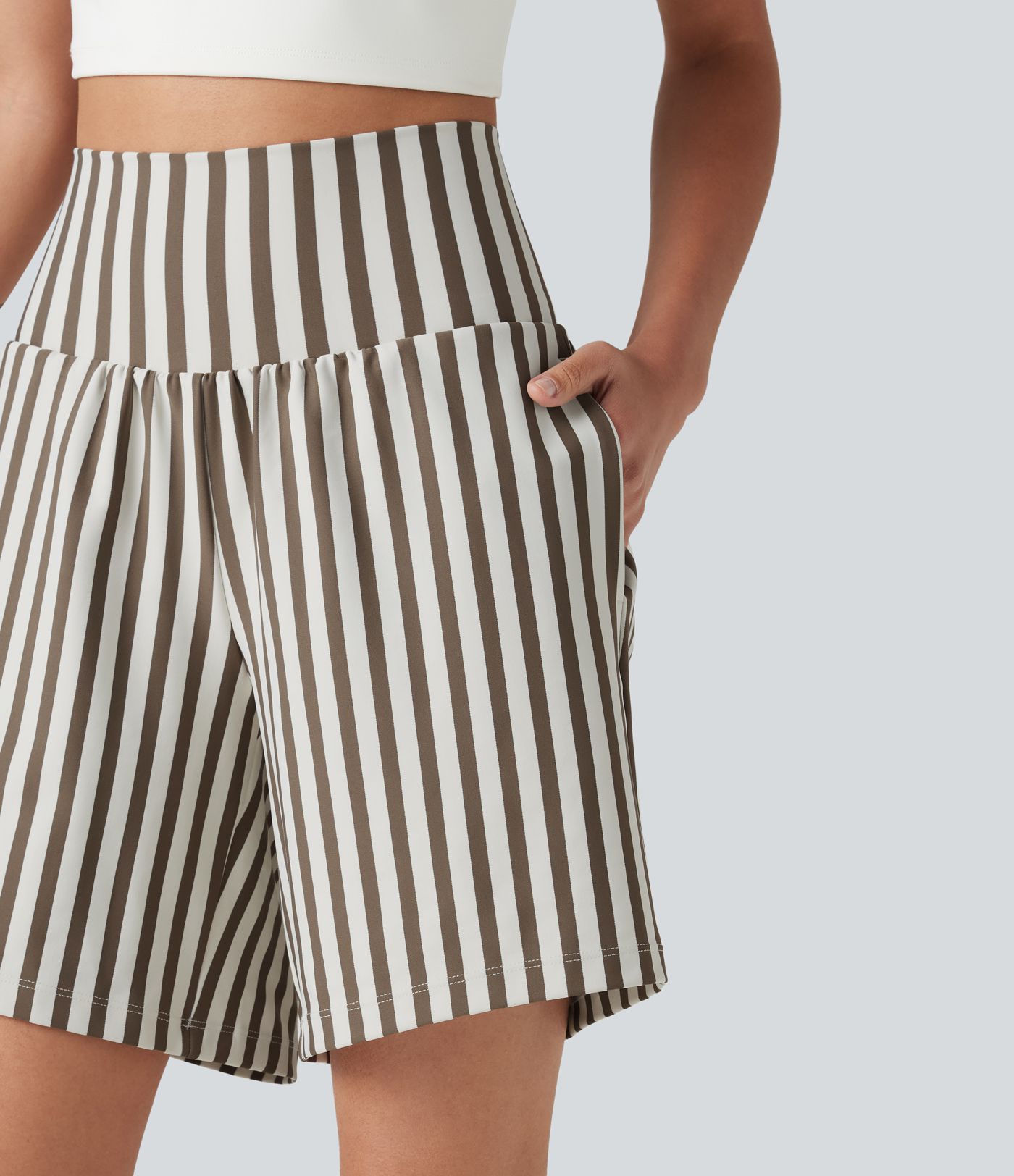 High Waisted 2-in-1 Stripes Yoga Baggy Shorts 7'' with Pockets