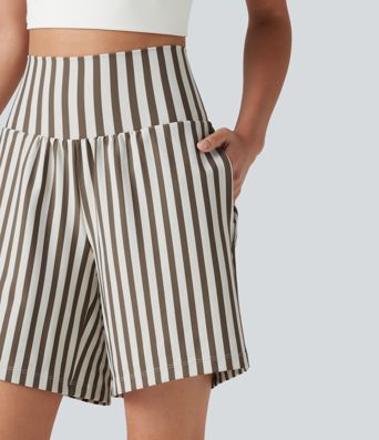 High Waisted 2-in-1 Stripes Yoga Baggy Shorts 7'' with Pockets