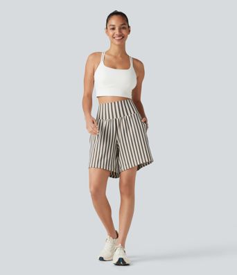High Waisted 2-in-1 Stripes Yoga Baggy Shorts 7'' with Pockets