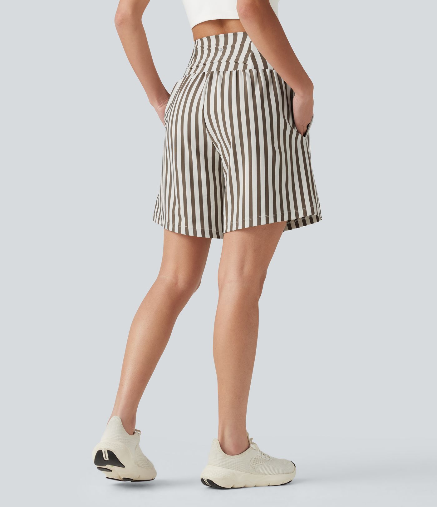 High Waisted 2-in-1 Stripes Yoga Baggy Shorts 7'' with Pockets