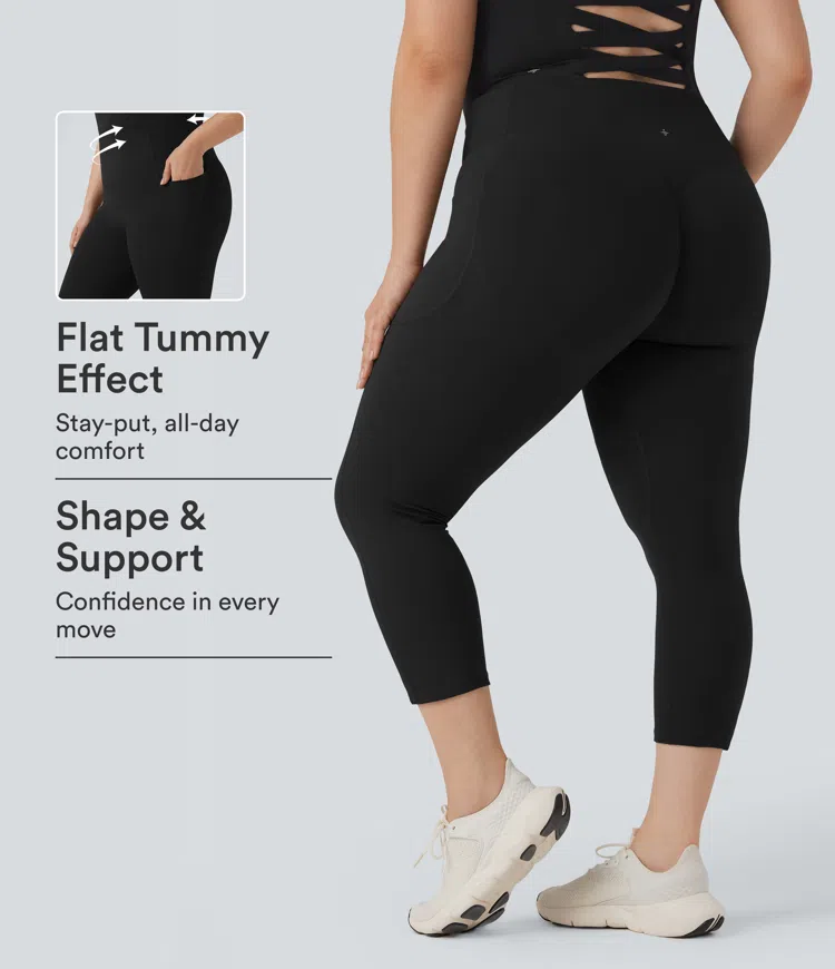 Black Plus Size Halara UltraSculpt™ High Waisted Scrunch Butt Lifting Tummy Control Capri Training Leggings with Pockets / 1