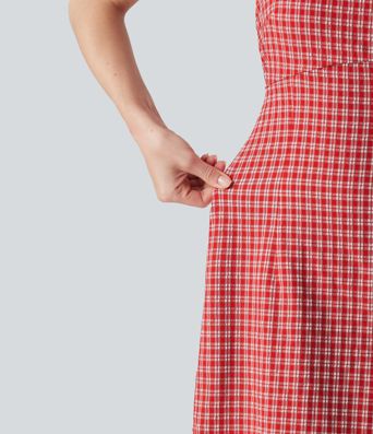 Square Neck Tie Back Gingham Mini Casual Dress with Pockets