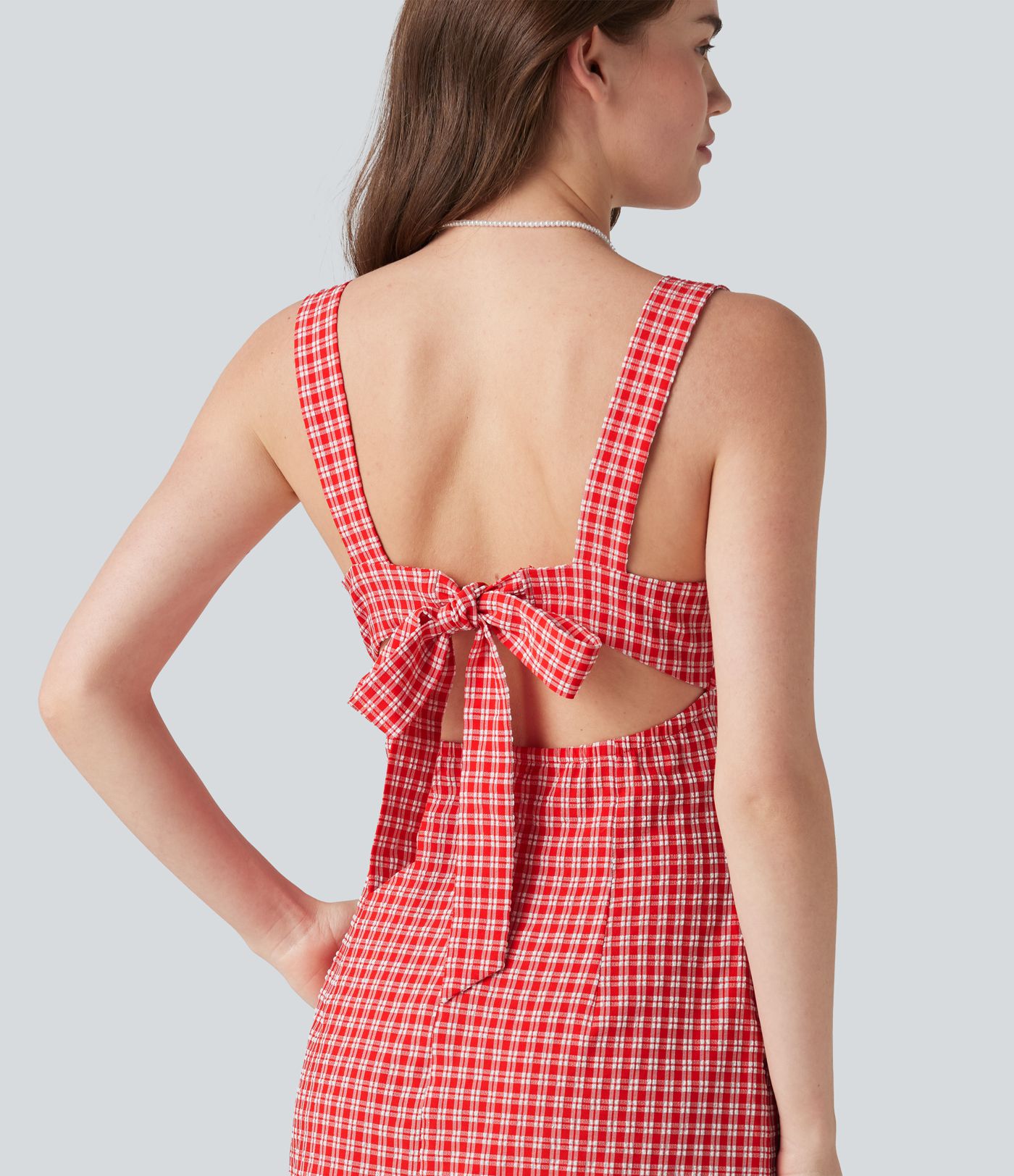 Square Neck Tie Back Gingham Mini Casual Dress with Pockets