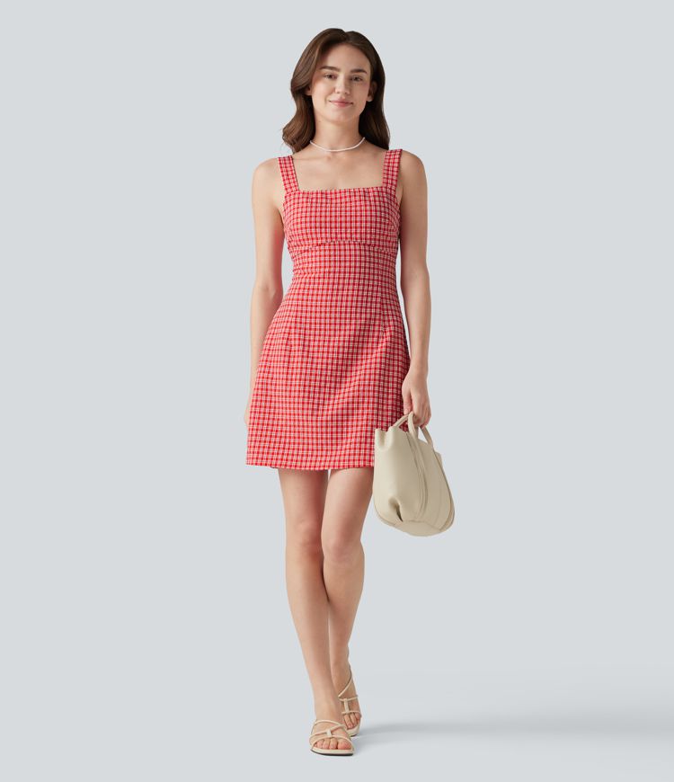 Square Neck Tie Back Gingham Mini Casual Dress with Pockets