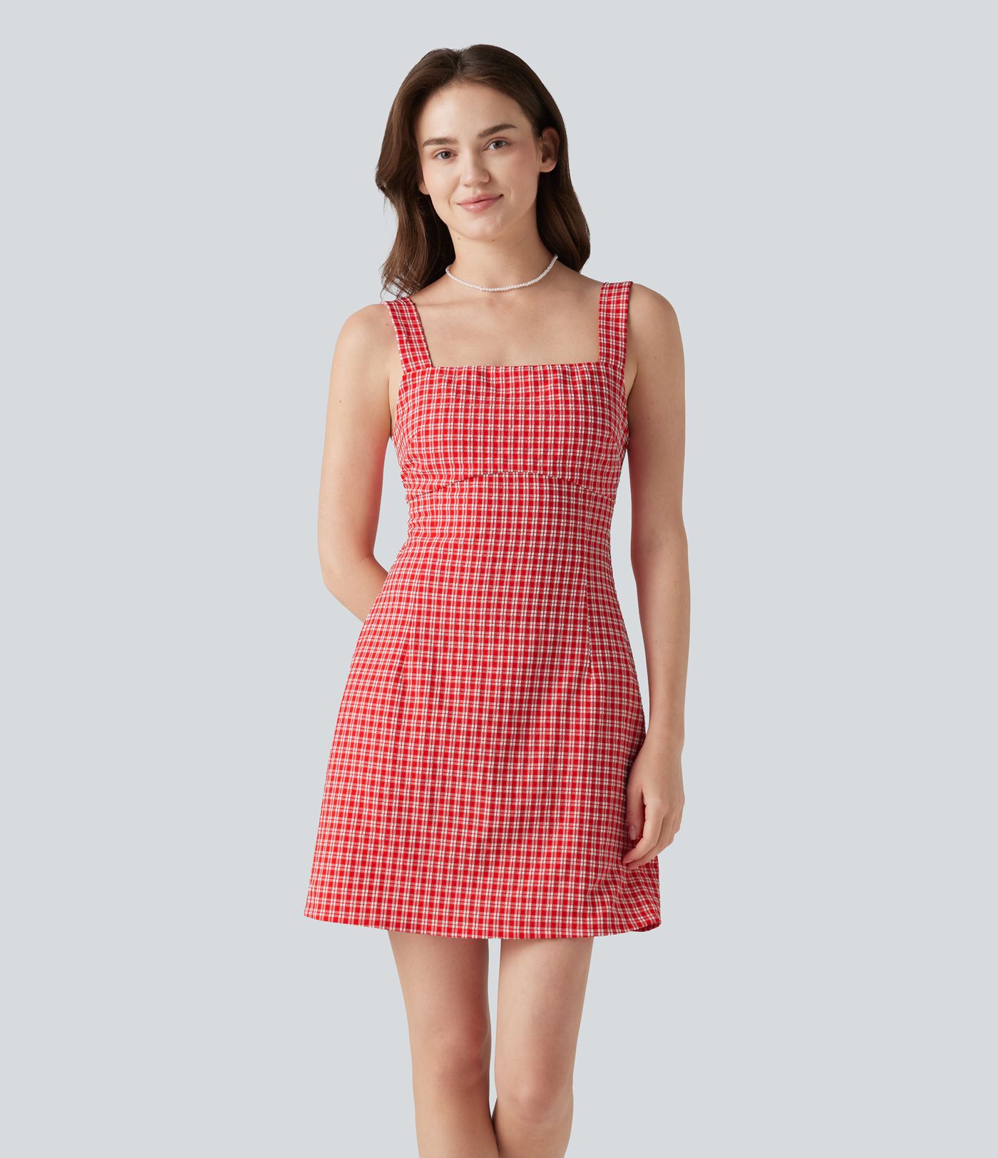 Square Neck Tie Back Gingham Mini Casual Dress with Pockets