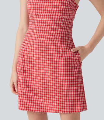 Square Neck Tie Back Gingham Mini Casual Dress with Pockets
