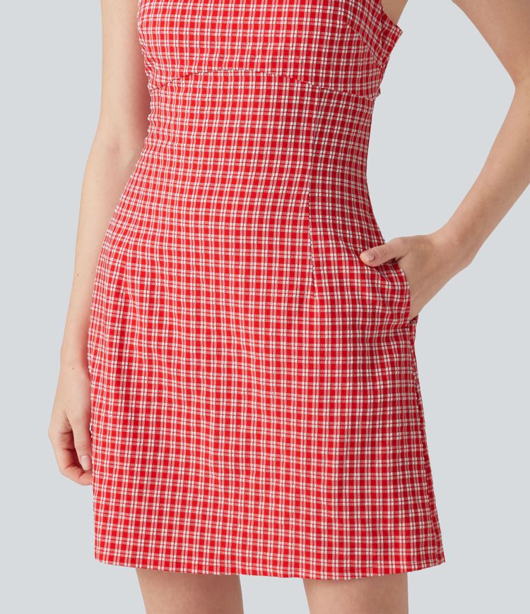 Square Neck Tie Back Gingham Mini Casual Dress with Pockets