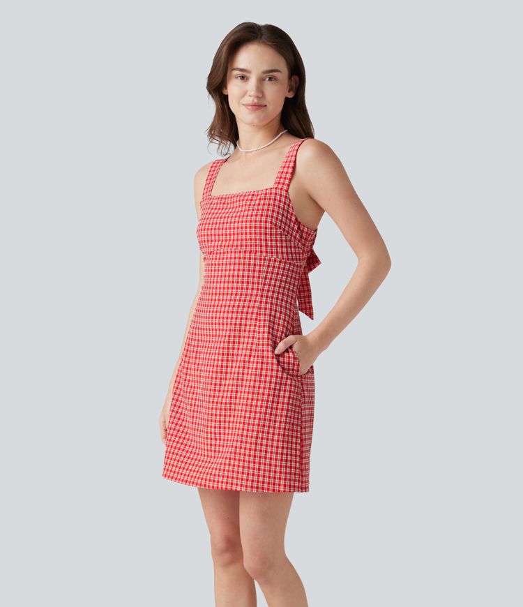 Square Neck Tie Back Gingham Mini Casual Dress with Pockets