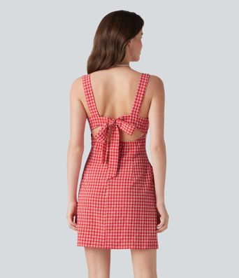 Square Neck Tie Back Gingham Mini Casual Dress with Pockets