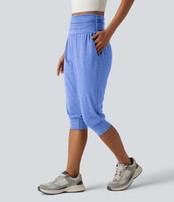 High Waisted Ruched Heathered Yoga Pedal Pushers Joggers with Pockets High Waisted Ruched Heathered Yoga Pedal Pushers Joggers with Pockets