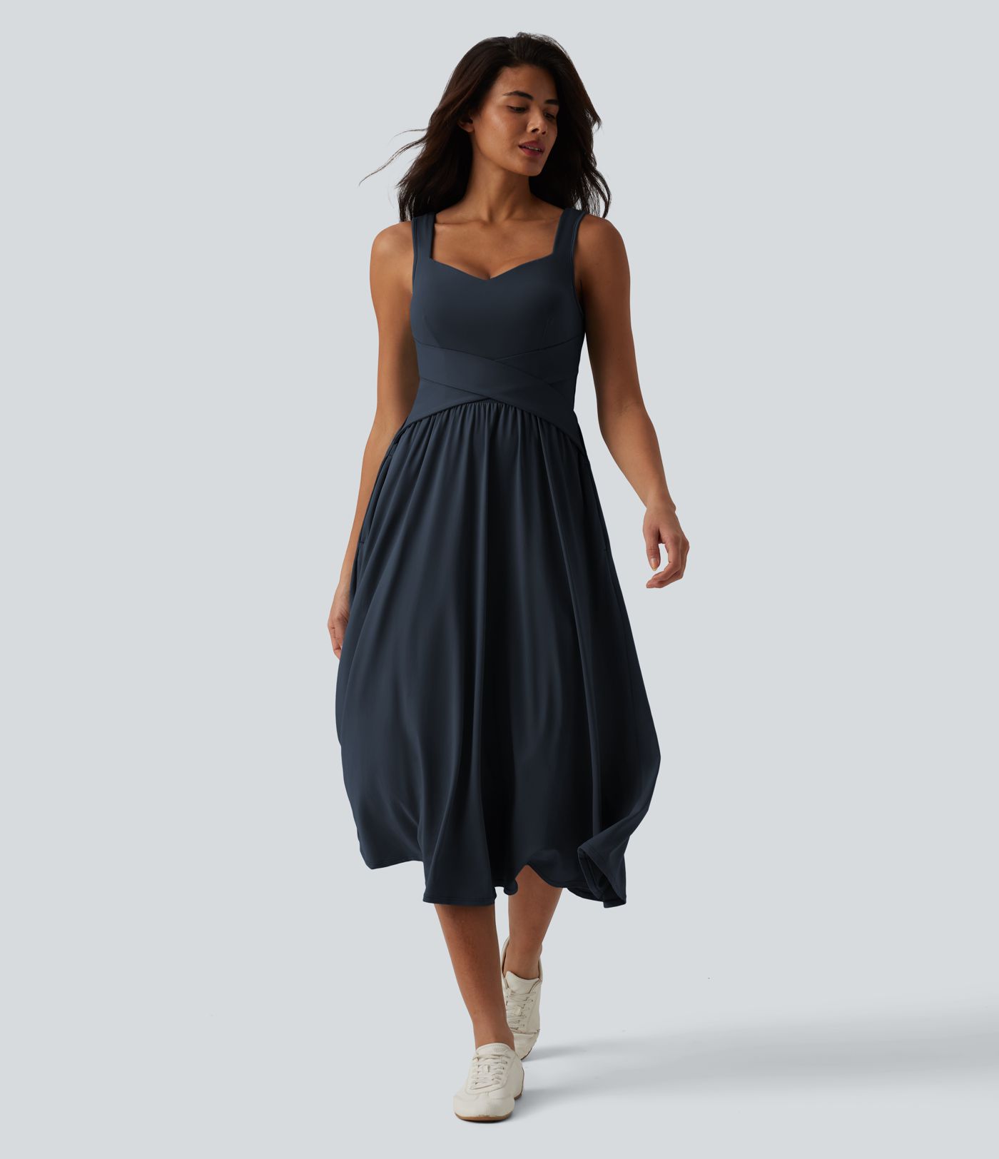 Sleeveless Crossover Flowy Midi Casual Dress with Pockets E-G Sleeveless Crossover Flowy Midi Casual Dress with Pockets E-G