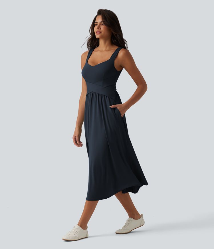 Sleeveless Crossover Flowy Midi Casual Dress with Pockets E-G Sleeveless Crossover Flowy Midi Casual Dress with Pockets E-G