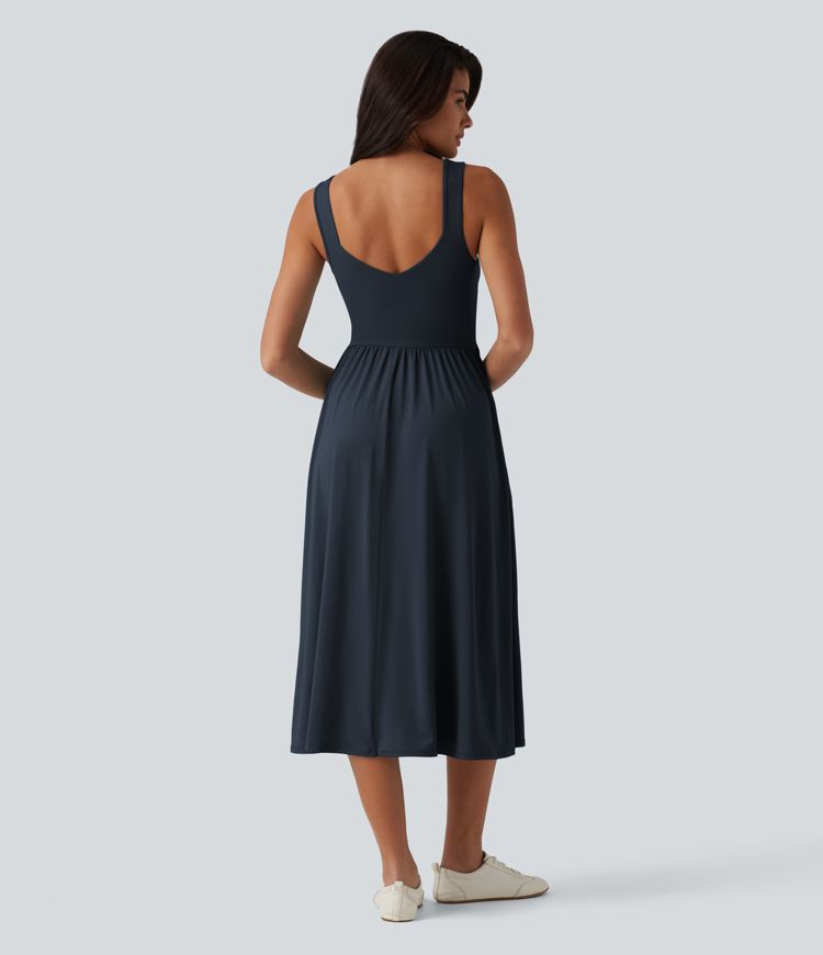 Sleeveless Crossover Flowy Midi Casual Dress with Pockets E-G Sleeveless Crossover Flowy Midi Casual Dress with Pockets E-G