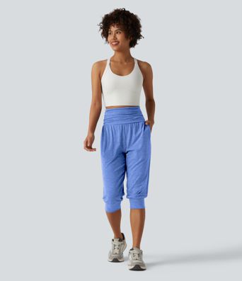 High Waisted Ruched Heathered Yoga Pedal Pushers Joggers with Pockets High Waisted Ruched Heathered Yoga Pedal Pushers Joggers with Pockets