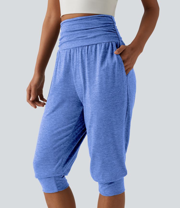 High Waisted Ruched Heathered Yoga Pedal Pushers Joggers with Pockets High Waisted Ruched Heathered Yoga Pedal Pushers Joggers with Pockets