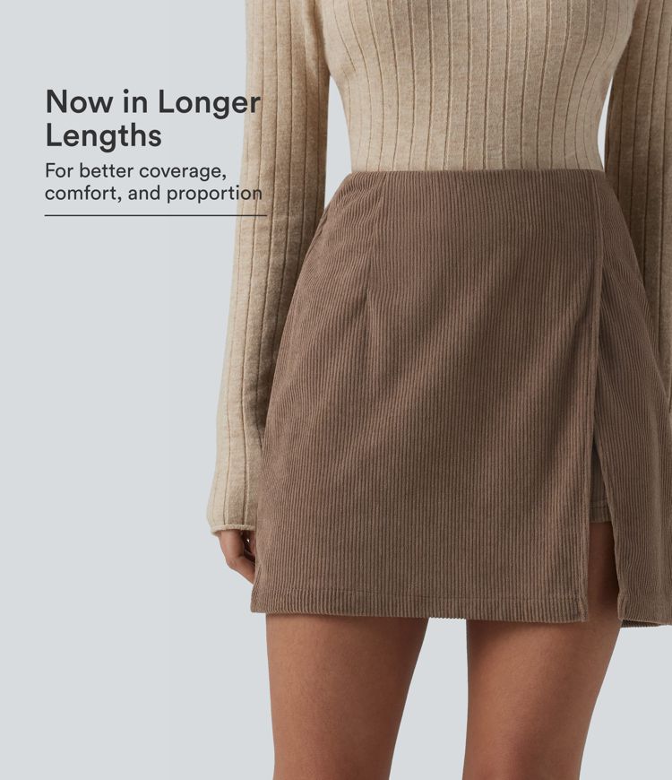 High Waisted Back Zipper Split Hem 2-in-1 Corduroy Casual Skirt-Longer Length High Waisted Back Zipper Split Hem 2-in-1 Corduroy Casual Skirt-Longer Length