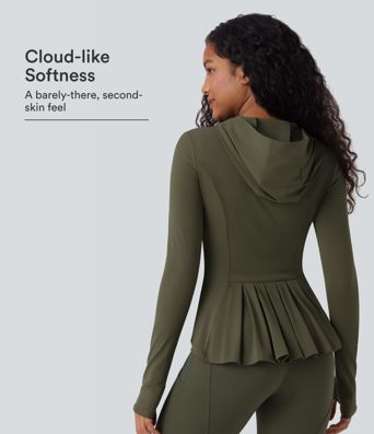 SoftlyZero™ Hooded Long Sleeve Thumb Hole Pleated Jacket with Pockets-UPF50+