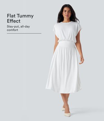 SoCinched Tummy Control Fledermausärmel Fließendes Midi-Arbeitskleid mit Taschen