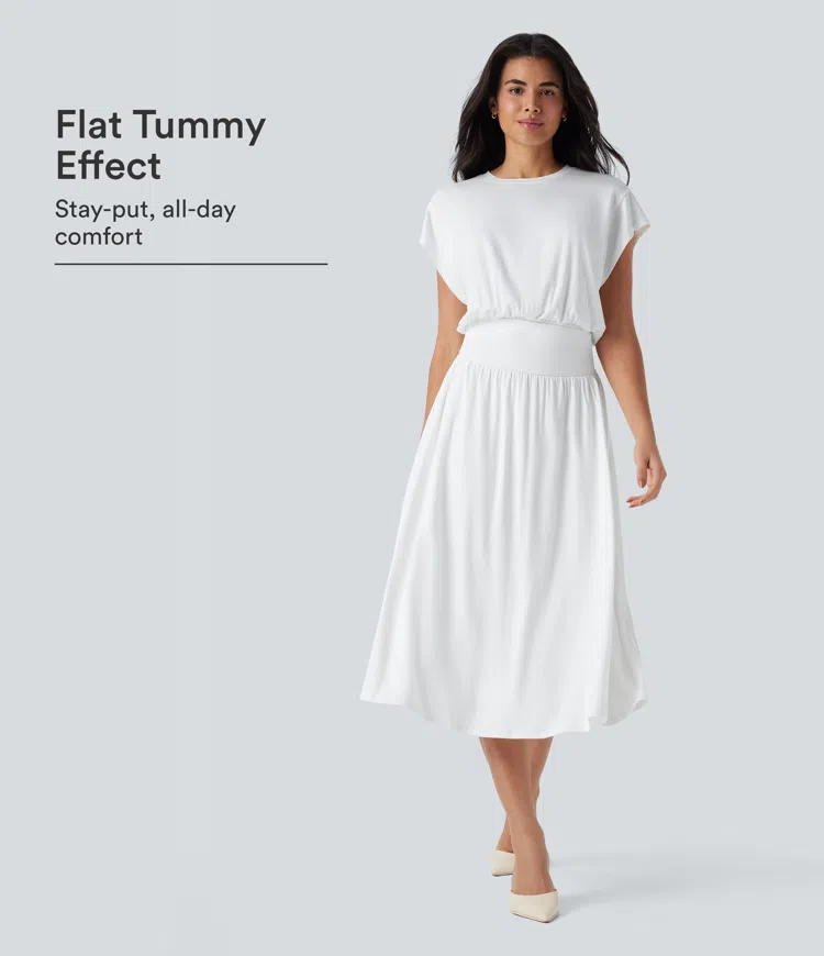 Tummy Control Batwing Sleeve Flowy Midi Work Dress with Pockets