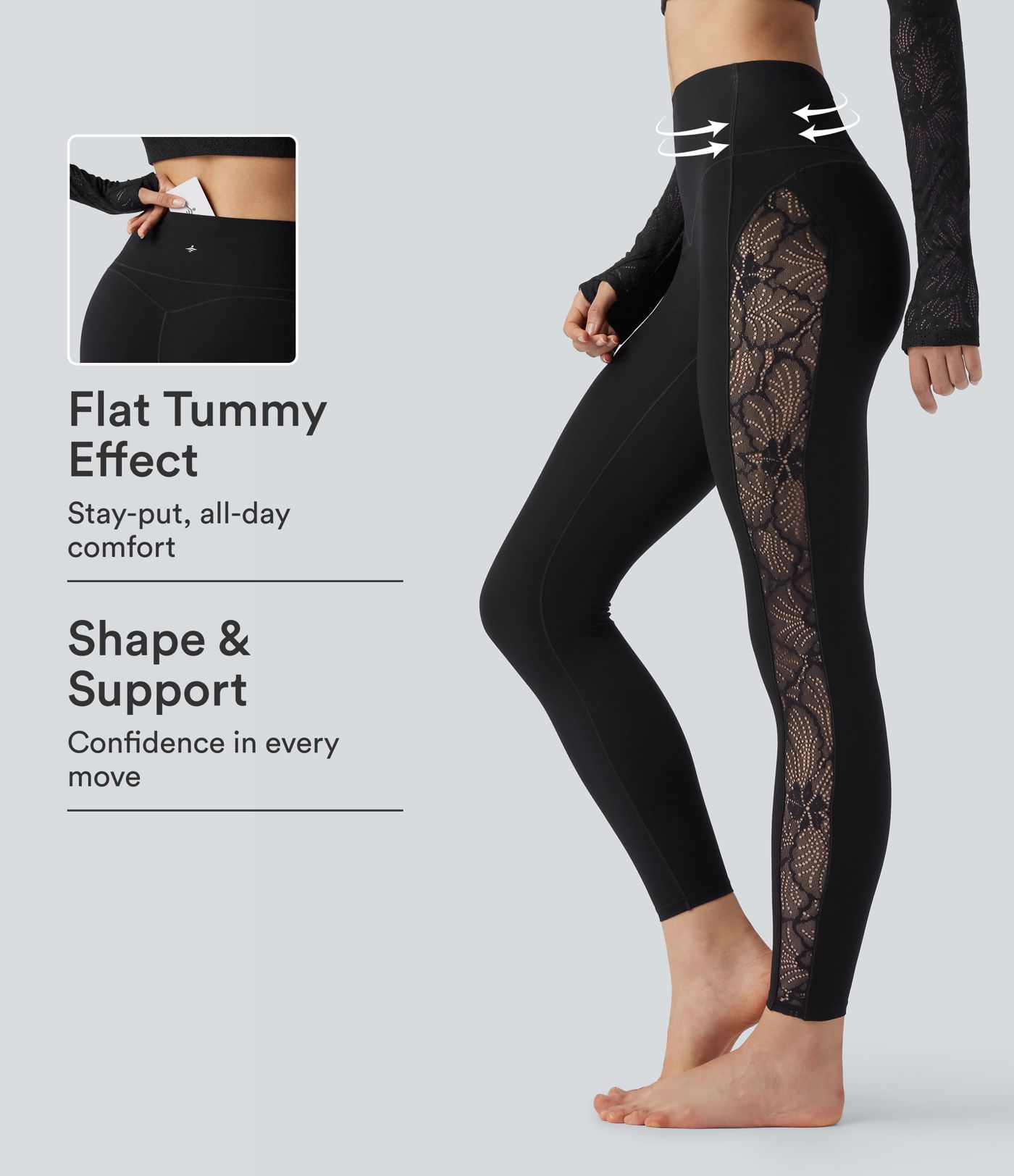 Halara UltraSculpt™ hoch taillierte Yoga-Leggings mit Bauchkontrolle, kontrastierender Spitze und Tasche Halara UltraSculpt™ hoch taillierte Yoga-Leggings mit Bauchkontrolle, kontrastierender Spitze und Tasche