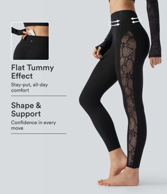 Halara UltraSculpt™ hoch taillierte Yoga-Leggings mit Bauchkontrolle, kontrastierender Spitze und Tasche