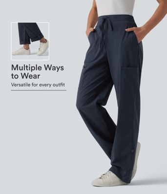 Pantalones cargo tiro medio con cordón, largo ajustable, pierna recta y bolsillos.