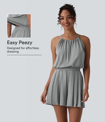 Halter Sleeveless Tie-back Pleated Casual Romper with Pockets-Easy Peezy Halter Sleeveless Tie-back Pleated Casual Romper with Pockets-Easy Peezy