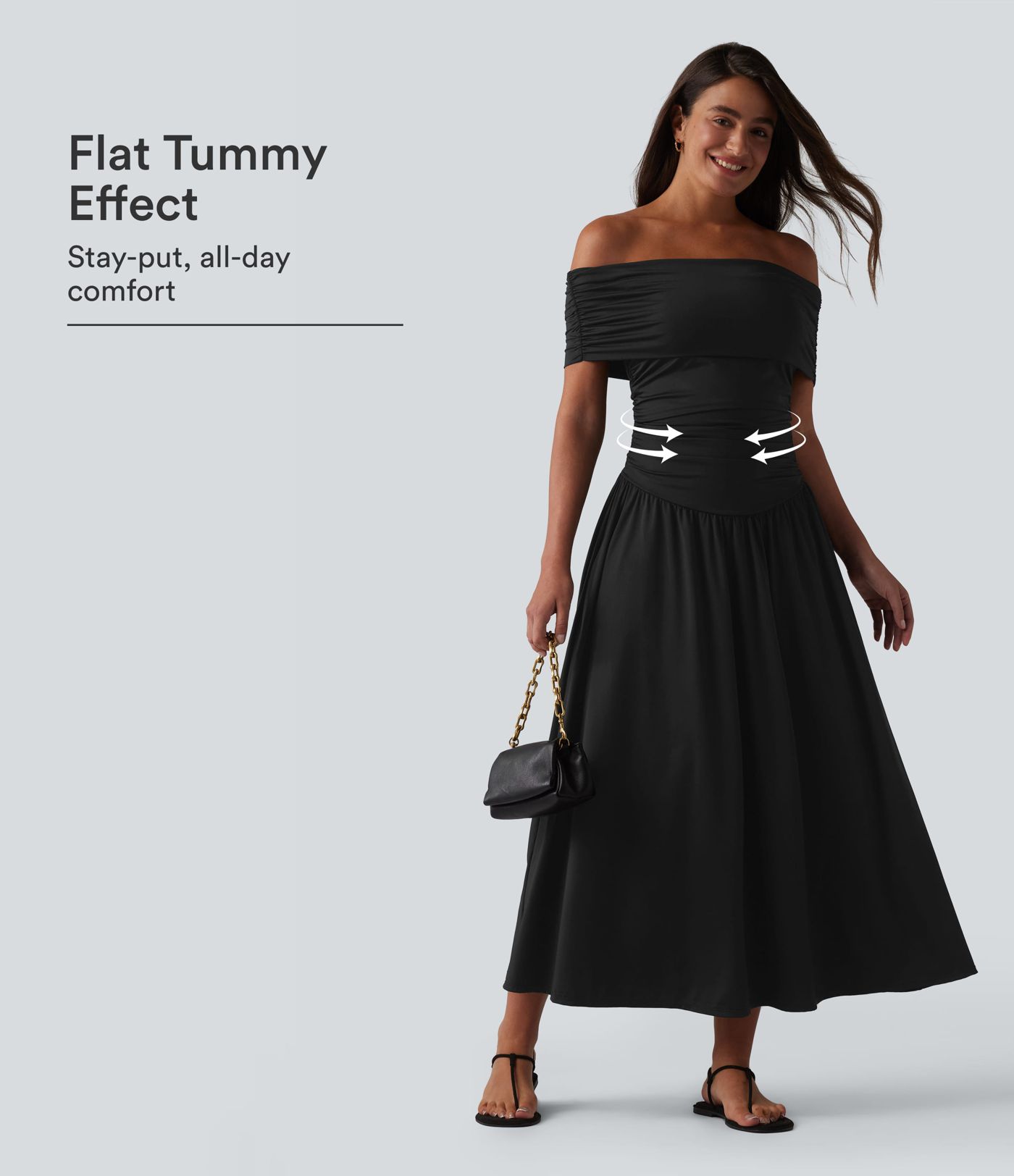 Off-shoulder Tummy Control Ruched Built-in Bra Maxi Flowy Casual Dress A-D Cups