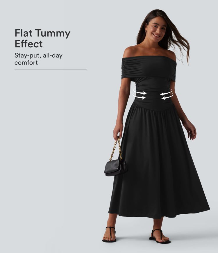 Off-shoulder Tummy Control Ruched Built-in Bra Maxi Flowy Casual Dress A-D Cups