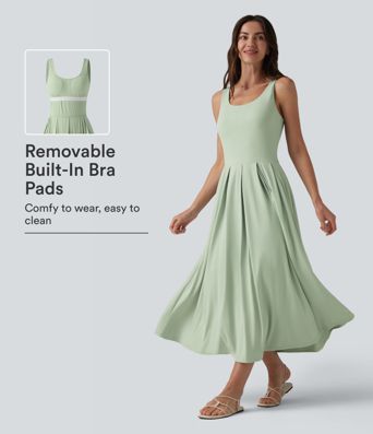 U Neck Built-in Bra Flowy Midi Casual Tank Dress with Pockets U Neck Built-in Bra Flowy Midi Casual Tank Dress with Pockets