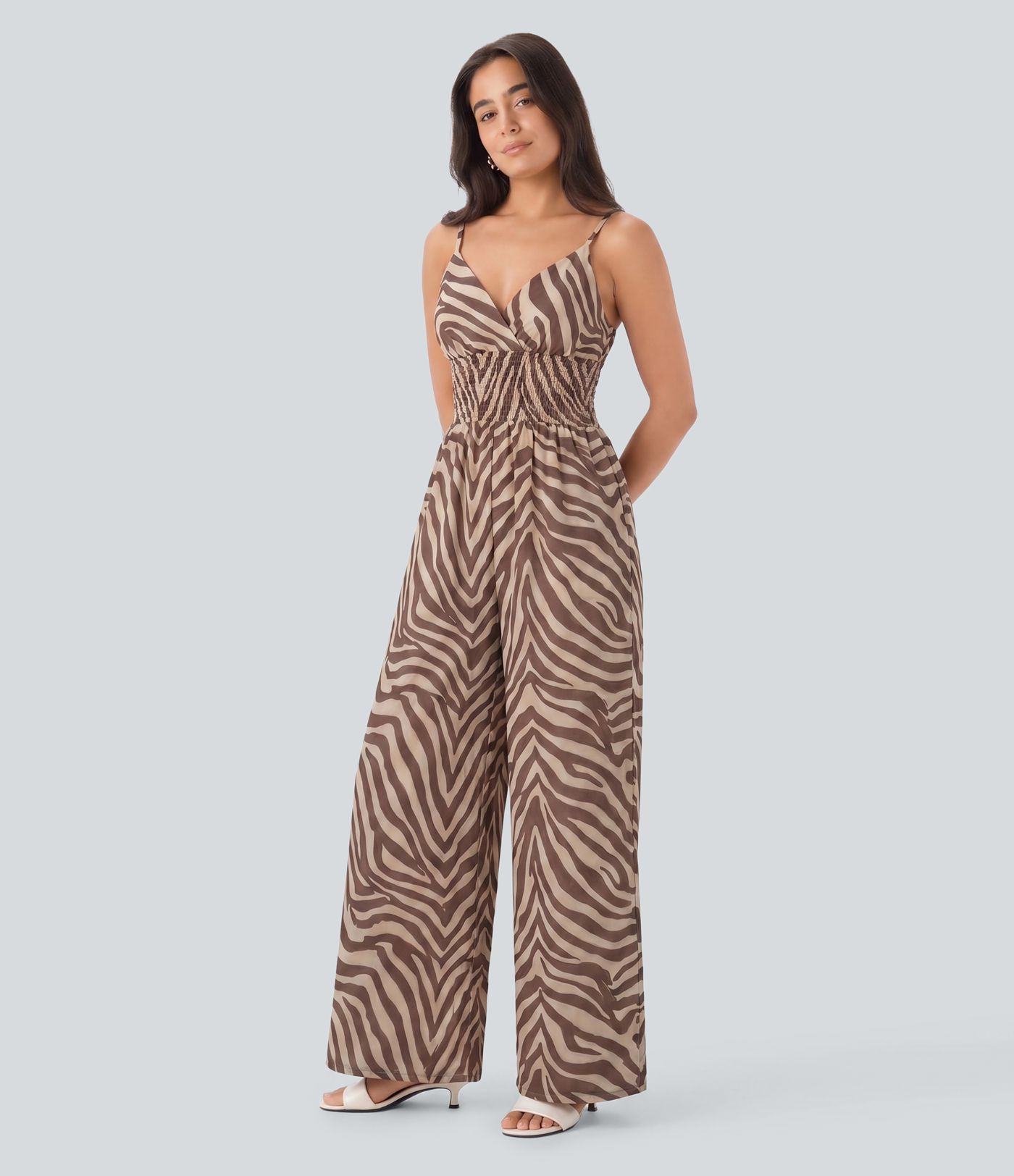 V-neck Shirred Zebra Print Resort Slip Jumpsuit with Pockets
