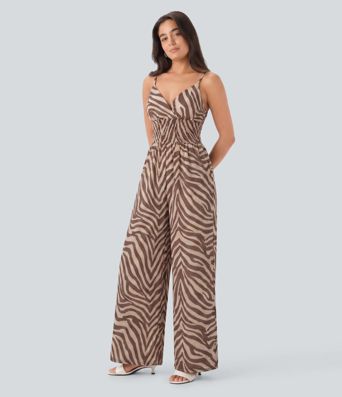 V-neck Shirred Zebra Print Resort Slip Jumpsuit with Pockets