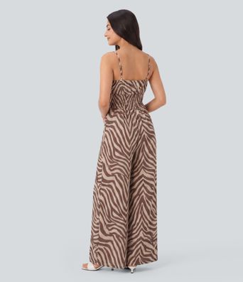 V-neck Shirred Zebra Print Resort Slip Jumpsuit with Pockets