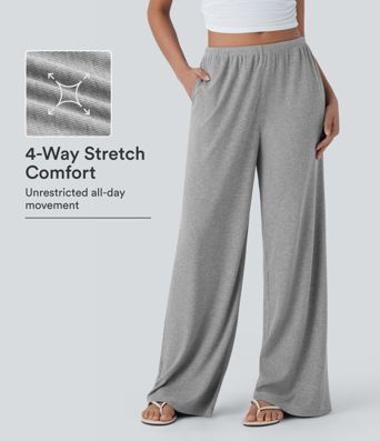 High Stretch Ribbed Low Rise Drawstring Wide Leg Flowy Casual Pants with Pockets