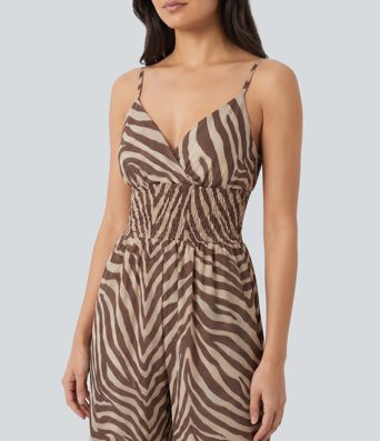 V-neck Shirred Zebra Print Resort Slip Jumpsuit with Pockets