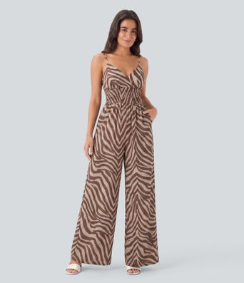 V-neck Shirred Zebra Print Resort Slip Jumpsuit with Pockets