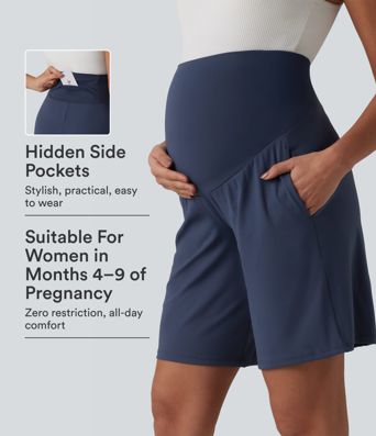 SoftlyZero™ Airy Super High Waisted Cool Touch Yoga Bermuda Maternity Shorts with Pockets